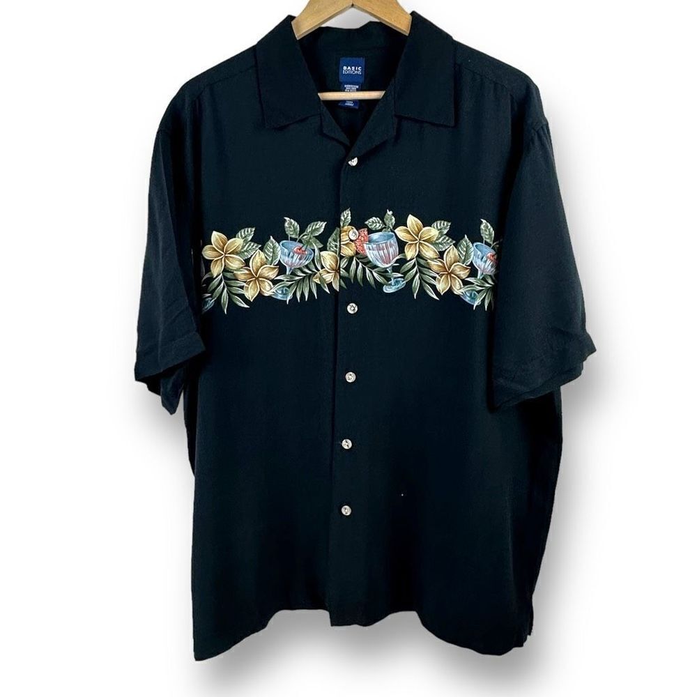 Basic Editions‎ Black Cocktails Hawaiian Aloha Print Mens Shirt Size L